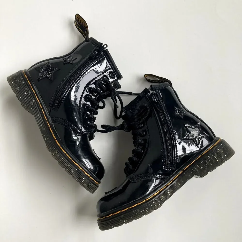 Dr. Martens Toddler 1460 Glitter Star Patent Lace Up Boots - Black - 9